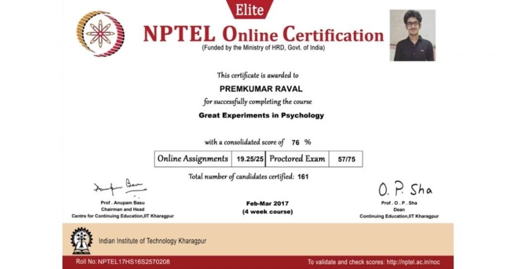 Certificate for Experiments in Psychology by IIT Kharagpur (NPTEL ...